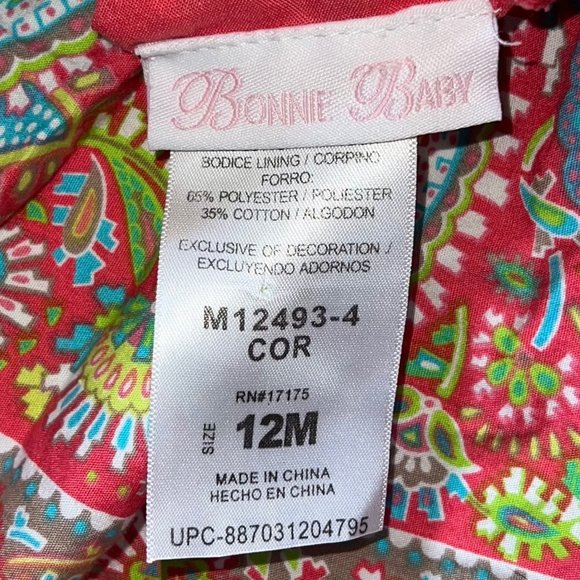Bonnie Baby Girl’s Pink and Blue Paisley Ribbon Boutique Dress Size 12 Months - Picture 2 of 2